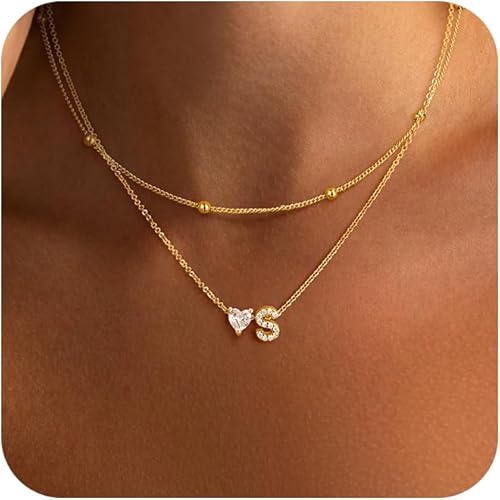 Initial Heart Necklaces for Women - Dainty Cute Necklace Small Layered 14K Gold Plated A-Z Letter CZ Pendant Trendy Satellite Chain Necklaces for Women Non Tarnish Gold Jewelry Set Gift
