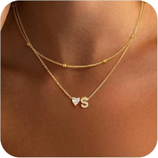 Initial Heart Necklaces for Women - Dainty Cute Necklace Small Layered 14K Gold Plated A-Z Letter CZ Pendant Trendy Satellite Chain Necklaces for Women Non Tarnish Gold Jewelry Set Gift