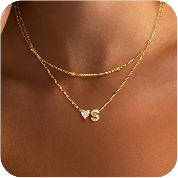 Initial Heart Necklaces for Women - Dainty Cute Necklace Small Layered 14K Gold Plated A-Z Letter CZ Pendant Trendy Satellite Chain Necklaces for Women Non Tarnish Gold Jewelry Set Gift