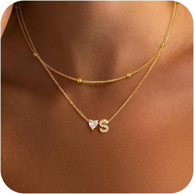 Initial Heart Necklaces for Women - Dainty Cute Necklace Small Layered 14K Gold Plated A-Z Letter CZ Pendant Trendy Satellite Chain Necklaces for Women Non Tarnish Gold Jewelry Set Gift