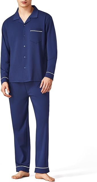 Arjen Kroos Mens Cotton Pajama Set Long Sleeve Button-Up with Pockets | Soft Breathable & Lightweight, 2 Large Pockets, ightweight Long-Sleeve Set, for Sleep, Lounge, Travel, Gift for Men