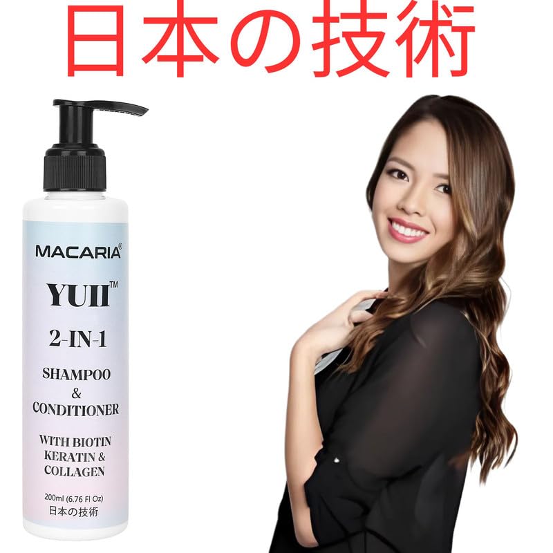 MACARIA Yuii Biotin Keratin Collagen Hair 2 in 1 Shampoo Conditioner, Sulfate-Free for Hair Growth, Smoothness and Strengthen Hair, for Men and Women, By Japanese Technology
