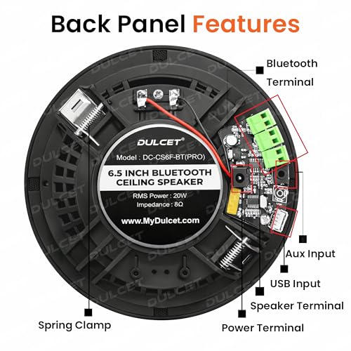 Image of DULCET DC-CS6F-BT Pro Black 6.5 Inch 20W 2 Way Active Bluetooth Ceiling Speaker with Inbuilt Amplifier - Supports Upto 3 Passive Ceiling Speakers