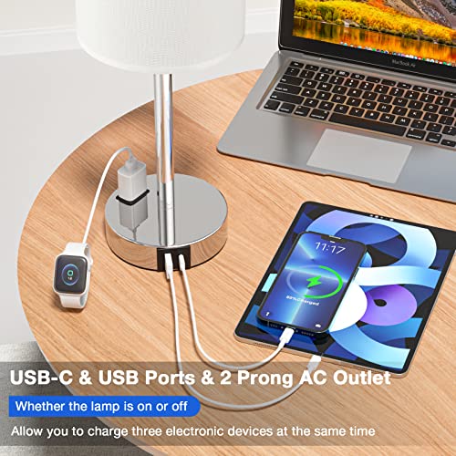 Touch Lamps For Bedrooms Set Of 2 White - 3 Way Dimmable Bedside Lamp With Usb C And A Ports And Outlets, Modern Nightstand Lamp With Linen Shade And Silver Base, Small Table Lamps For Kids Nursery #TOP1