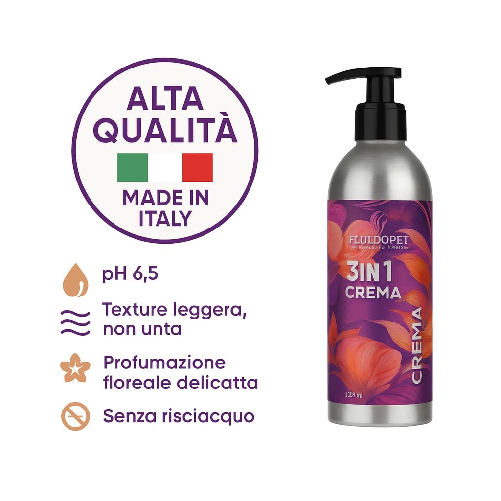 Crema 3 in 1 per Cani Senza Risciacquo -Condizionante, Idratante, Districante. Ideale per Manti Lunghi, Frangiati e Secchi – con Jojoba, Pappa Reale, Vitamina E – Effetto Lucente Anticrespo