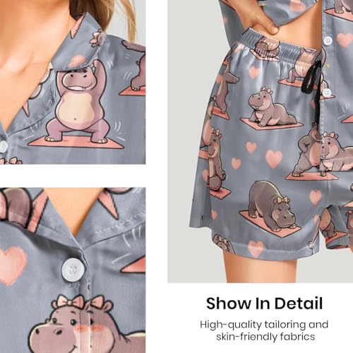Image of Funny Pajamas for Women Set Print Satin Loungewear Pjs Short Sleeve Button Down Top and Shorts Sets Sleepwear XS-3XL