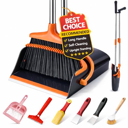 Broom and Dustpan Set with Long Handle, Upright Standing Self-Cleaning Combo, Windproof Dustpan with 6 Bonus Cleaning Tools for Pet Hair, Home, Kitchen, Garage & Apartment