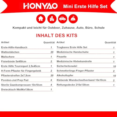 HONYAO® Erste Hilfe Set, Mini Reiseapotheke 90 Teilig, Notfalltasche Notfallset Klein für Outdoor Zuhause Auto Arbeitsplatz Camping Motorrad Fahrrad Wandern Notfall