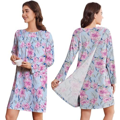 Deyeek Hospital Gowns for Elderly Women Adaptive nightgowns Fully Tear Away Long Sleeve Hospital Gown for Bedridden Women