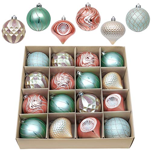 VALERY MADELYN Menta Verde y Rosa Champán Dorado, Adornos de Bolas Plásticas Infrangibles de Navidad, Shatterproof Christmas Baubles, para la Decoración del Árbol de Navidad (Juego de 16, 8cm) Cover