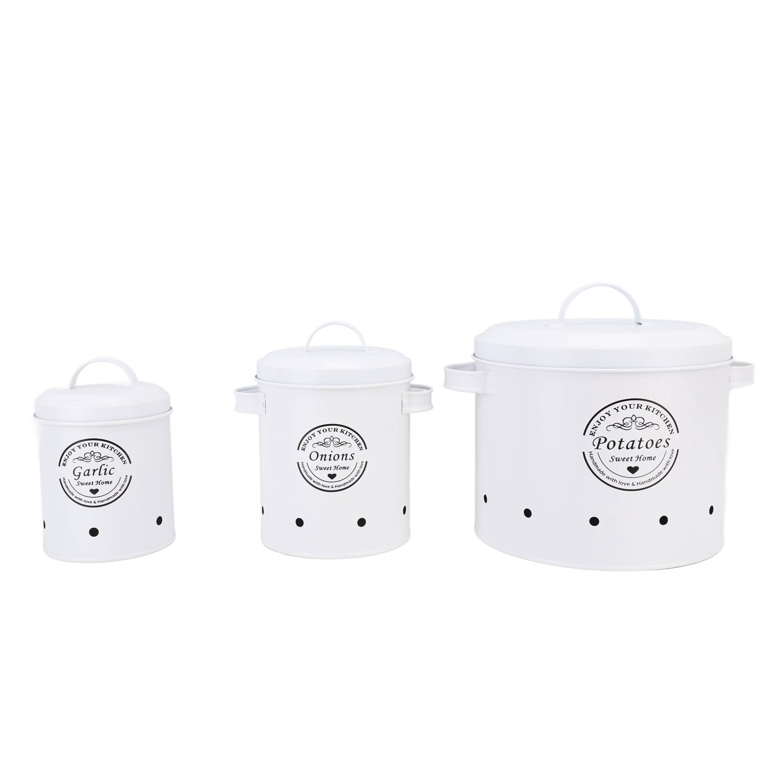 Kartoffelaufbewahrungsbehälter, 3er Set Zwiebelaufbewahrungsdose aus Kohlenstoffstahl, Küchenvorratsdosen mit Deckel für Arbeitsplatte (White)