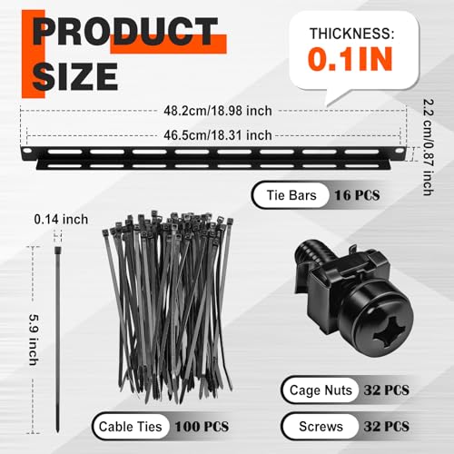 Image of Zonon 16 Sets 1u 19 Inch Server Rack Cable Management Tie Bar Kit Include 16 Pack 1u Bars, 100 Zip Tie, 32 Cage Nuts & 32 Screw Work with Open Frame Enclosure Network Cabinet Mount Wire Management