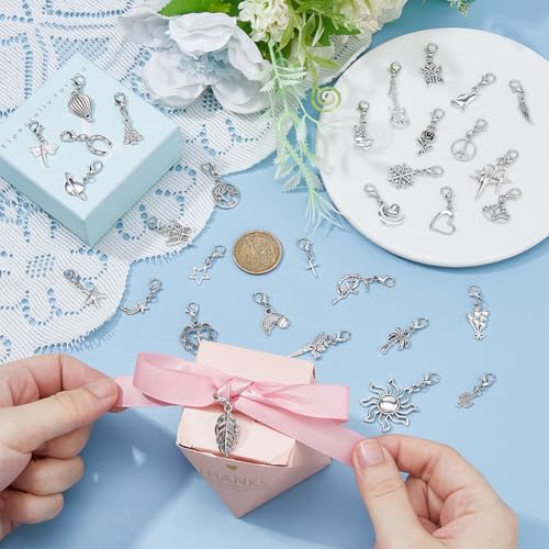 DICOSMETIC 32Pcs Alloy Clip On Bracelet Charms Assorted Dangle Charms with Clasps Jewelry Accessories for DIY Earrings Necklace Crafts Decoration Antique Silver & Platinum - Image 3
