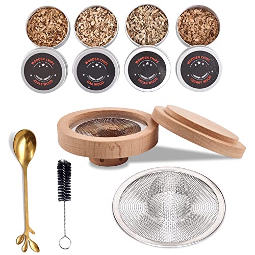 8Pcs/Set LawnBits Cocktail Smoker Kit, Drink Smoker Infuser for Wine, Salad, BBQ|4 Flavored Wood Chips|Oak, Cherry, Apple, Pecan|4 Meat Smoker Acc Include Whiskey Smoker Chimney, Brush, Filter, Spoon