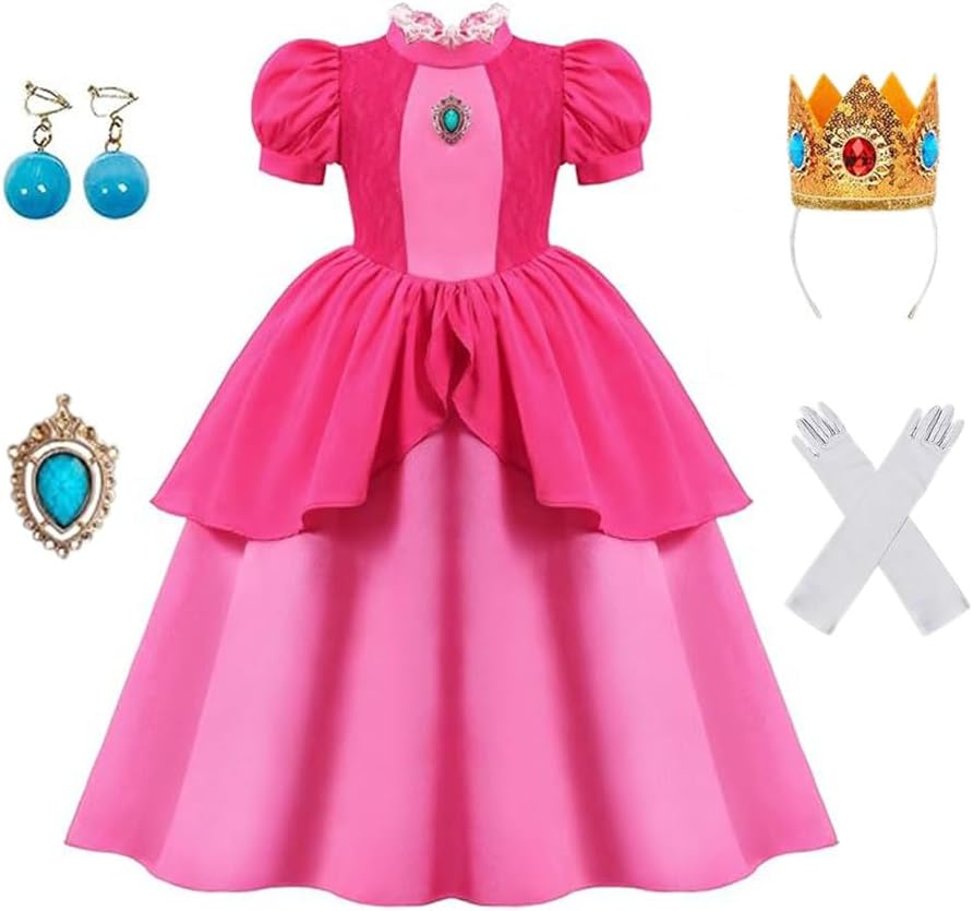 Ruichangxin Princess Peach Cosplay Costume Dress Girls Princess Peach Dress With Crown Gloves and Earrings Party Dress Up