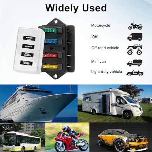 Image of STHIRA 4 Way Blade Fuse Box Holder, 10V-32V DC, Damp-Proof Cover, Black