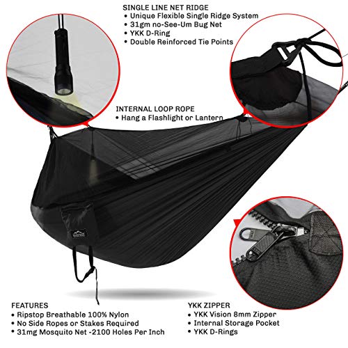 Everest Double Camping Hammock With Mosquito Net | Bug-Free Camping, Hiking, Backpacking & Survival Outdoor Hammock Tent | Reversible, Integrated, Lightweight, Ripstop Nylon | Black/Black/Net Black #TOP2