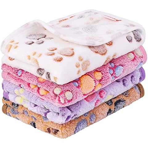 Pedgot 4 Pieces Fluffy Dog Blankets with Paw Print 24 x 16 Inches Soft and Warm Pet Throw Blankets Sleep Bed Mat for Small Dogs and Cats (Brown, White, Pink, Purple) Cover