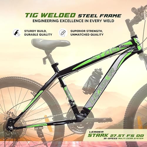 Leader Stark 27.5T MultiSpeed (21-Speed) MTB Cycle with Front Suspension and Dual Disc Brake Mountain Bicycle/Bike for Men - Matt Black/Green Ideal for 15+ Years | Frame: 19 Inches