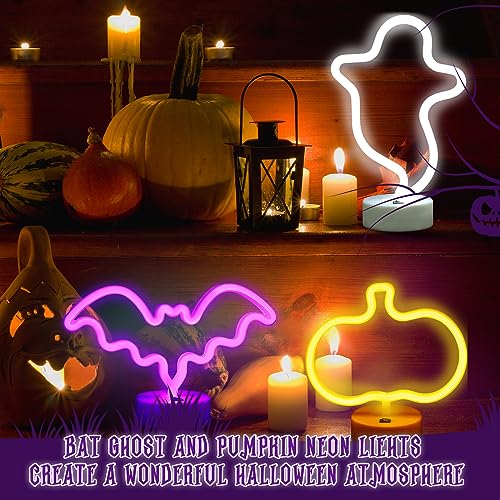 Image of Vihose 3 Pcs Neon Halloween Signs Decorations LED Spooky Ghost Pumpkin Bat
