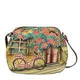 VINTAGE BIKE — Jede Tasche ist handbemalt, um ein Kunstwerk zu schaffen, das von Natur und Vintage-Themen inspiriert ist. Ein pinkes Damenrad in einer Szenerie in Brauntönen sorgt für eine nostalgische Zeitreise