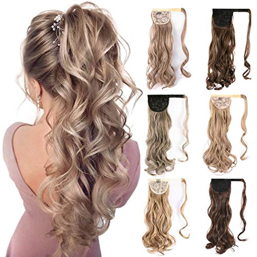 Cagora Clip in Ponytail Extension Curly Wavy Pony Tail Extensions Wrap Around Hairpieces Claw Synbthetic Ponytails Magic Paste Hair Wraps Ponytail Hair Extensions for Women (Light Brown(8#))