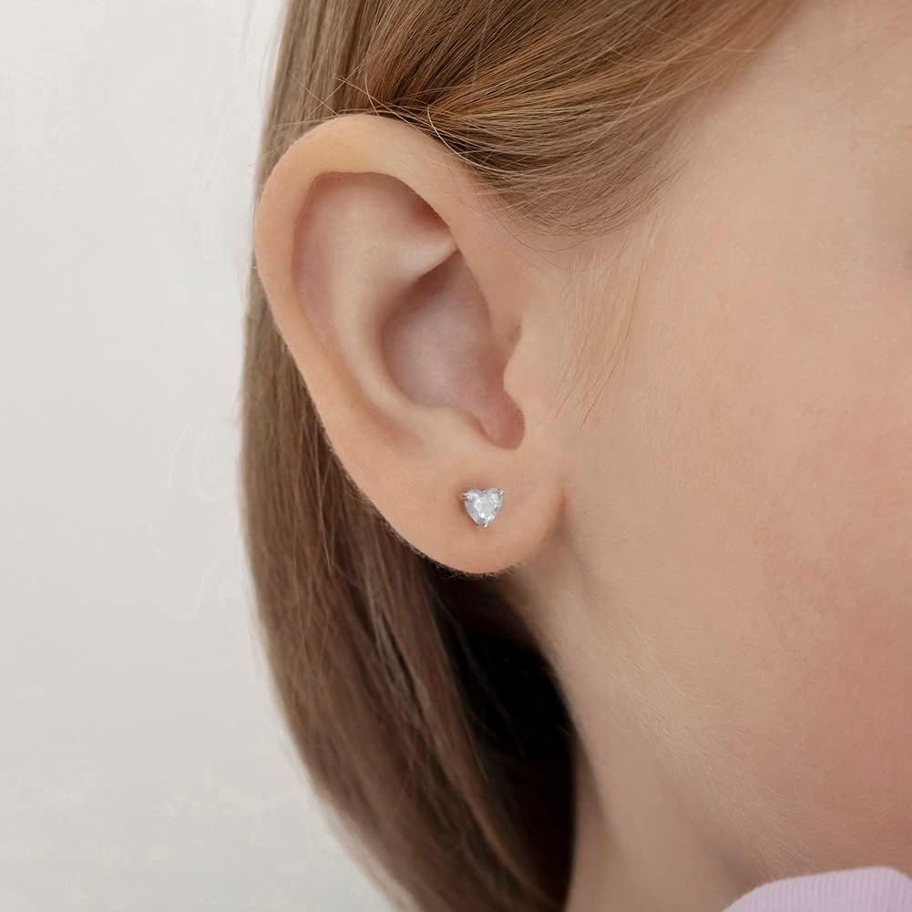 In Season Jewelry Heart-Shaped Solitaire Stud Kids Earrings - 925 Sterling Silver Hypoallergenic Earrings for Girls with Secure Push Back Locking - Safe & Comfortable for Kids & Little Girls
