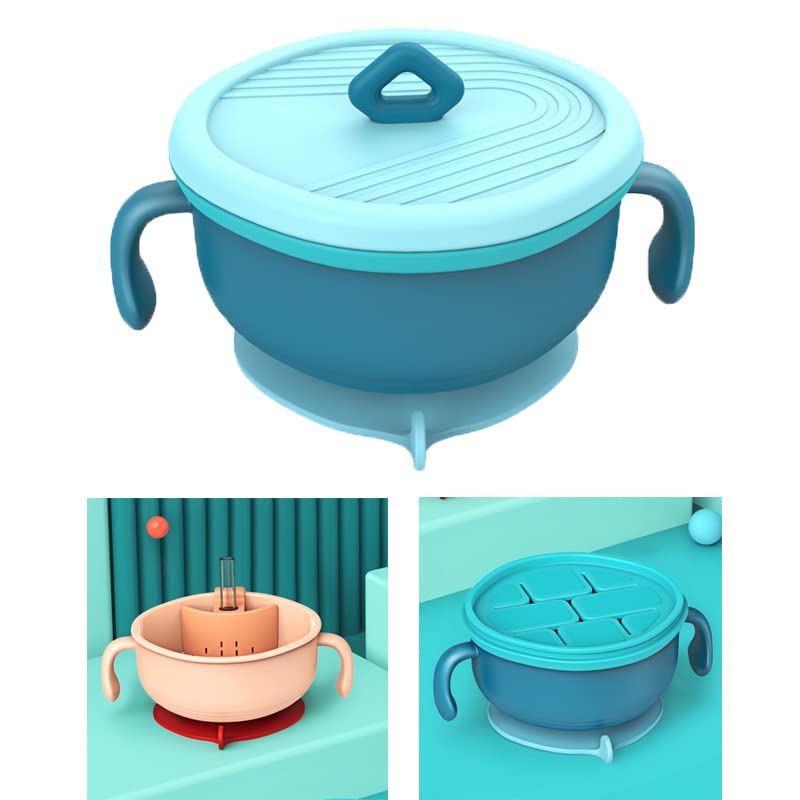 MotuTech Cuenco de aprendizaje para bebé con tapa de collación, ventosa, antideslizante, para bebé, azúcar, antiderrames, anticaídas, silicona (azul)