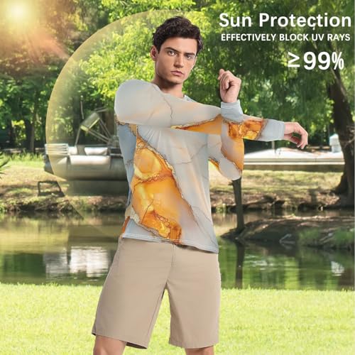 Marble White Orange Shirts Summer UPF 50+ Slim fit Loose Mens Sun Shirts Protection Long Sleeve Beach4
