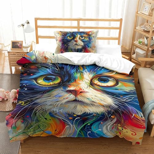 Housse de couette chat 3D anti-plis avec fermeture éclair
