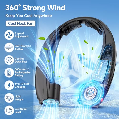 Image of Portable Neck Fan, 6000mAh Rechargeable Personal Fan, 6 Speeds Hands Free Wearable Fan with 360 Surround Airflow, Ideal for Travel, Office, Sports, Home - Gifts for Men Women Dad Mom