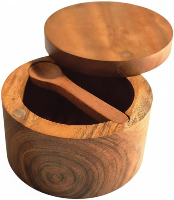 Artisan Vibes Rosewood Salt Box with Swivel Lid & Wooden Spoon, Brown, Acacia Wood, Classic, 3.5 x 2.5 Inch