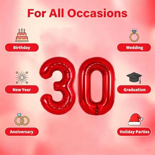 Image of Number Balloons Red Party Balloon - 40 Inch Large Number 30 Balloon, Numbers Balloon Birthday Decorations, Red Party Supplies for Anniversary
