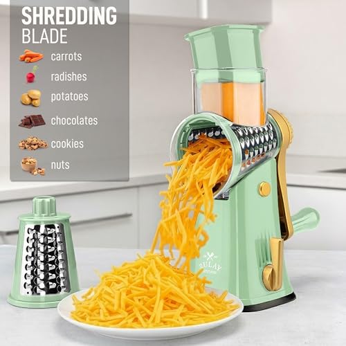 Image of Zulay Kitchen Rotary Cheese Grater 5 Blade Cheese Shredder - Manual Hand Crank Cheese Grater With Reinforced Suction & 5 Interchangeable Drums - Easy to Use, Vegetable Chopper Round Mandoline Slicer