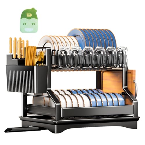 KIMIGO Escurreplatos Acero Inoxidable,Escurridor de Platos,Ahorra Espacio,Escurridor de Platos de Acero Inoxidable,Escurreplatos Cocina con Cesta de Cubiertos,Negro