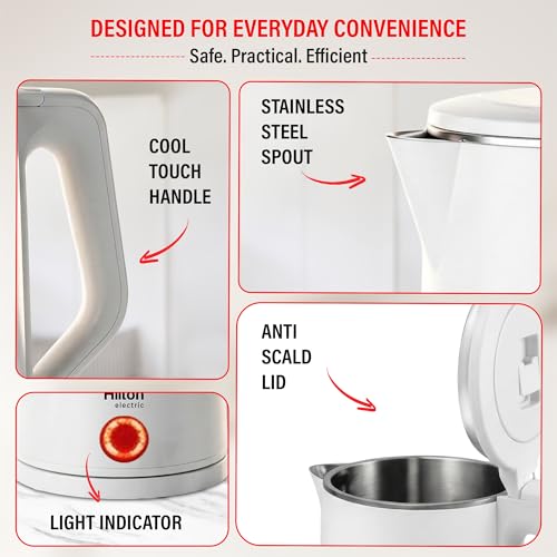 Image of Hilton Premium White 2 Litre Electric Kettle | 1500-Watt with Stainless Steel Body, Cool Touch Handle, Auto Switch-off Mechanism for Boiling Water, Tea, Coffee & instant noodles