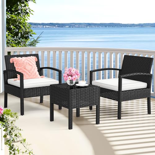 YITAHOME 3-Piece Outdoor Patio Furniture Wicker Bistro Set, All-Weather Rattan Conversation Chairs with Glass Side Table & Soft Cushions for Backyard, Balcony and Deck, Black+Beige Black+bei