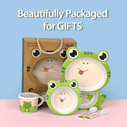 Miniatura 4 de Juego de platos y tazones para niños, plato y tazón de rana pequeña, juego de vajilla para niños pequeños, platos de autoalimentación para niños,