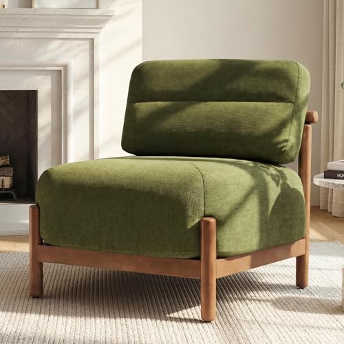 Mid Century Modern Accent Chair Upholstered Armless Lounge Chair with Wooden Frame and Thick Padded Seat for Living Room Bedroom Moss Green