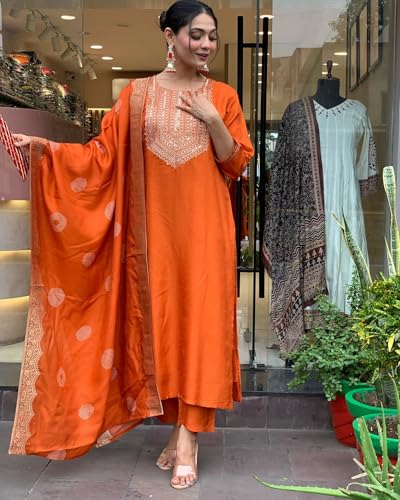 Image of Shiv Textiles Women's Chanderi Silk Embroidered Kurta Pant Dupatta Set(JDA-KRITVA-ORANGE-2XL)
