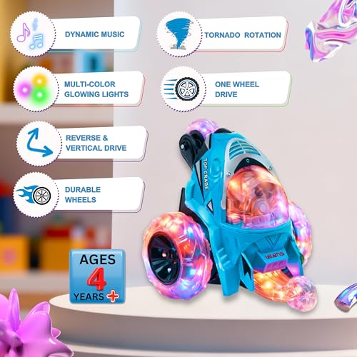 Image of Gooyo GY-0242 Rechargeable Stunt Car Toy for Kids with Tornado Rotation, Reverse Drive Function, Demo Mode, Lighting Effect & Music | Remote & USB Included | Power Source: in-Built Battery | Blue