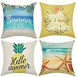 Anickal Summer Decorations Set of 4 Decorative Throw Pillow Covers 18x18 Hello Summer Beach Pineapple Sunshine Starfish Cotton Linen Pillow Cases for Summer Home Decor