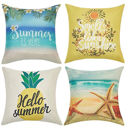 Anickal Summer Decorations Set of 4 Decorative Throw Pillow Covers 18x18 Hello Summer Beach Pineapple Sunshine Starfish Cotton Linen Pillow Cases for Summer Home Decor