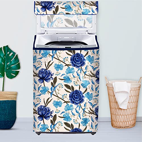 Image of Washing Machine Cover for Top Load 5kg to 7.5kg | Light Weight Dustproof Polyester Cover with Zip Enclosure | Floral Fully Automatic Washer Protector Indoor Outdoor Use- Size 23x23x35 inch