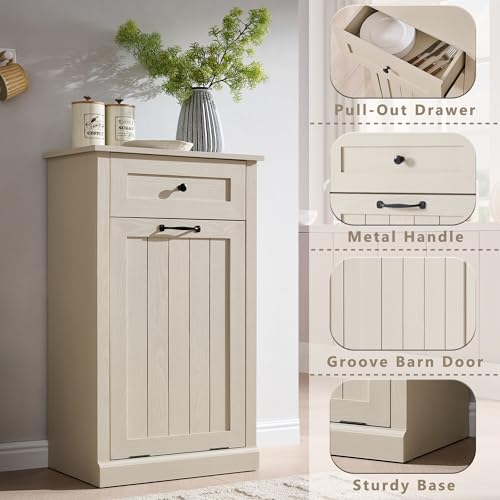 Image of IFGET Tilt Out Trash Can Cabinet, Trash Cabinet w /Drawer, Cream