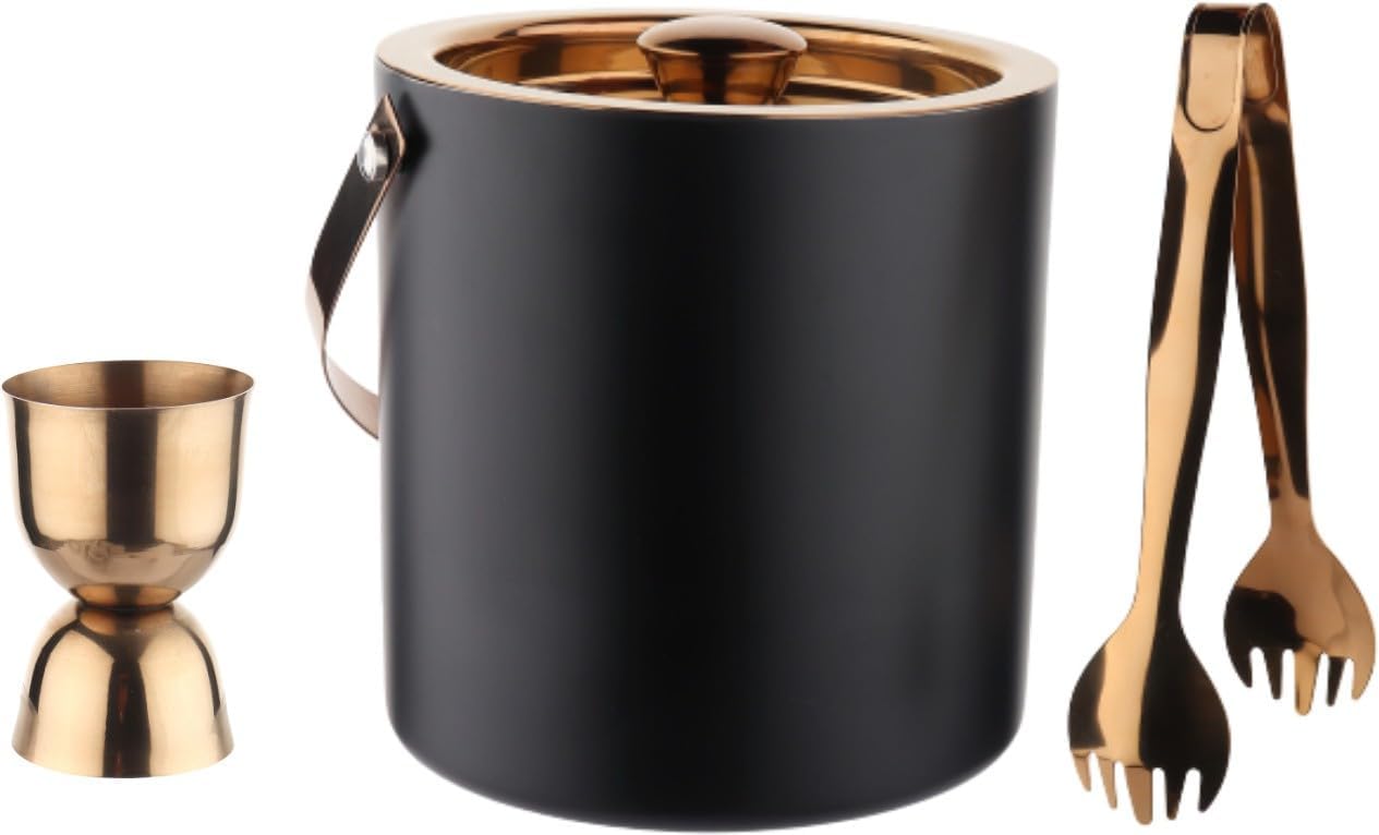 Stainless Steel Black & Copper Bar Set - 3 Pcs, Double Wall - Ice Bucket[1500 ml ] with Tong & Peg Measure 30/60 ml| Perfect for Gifting