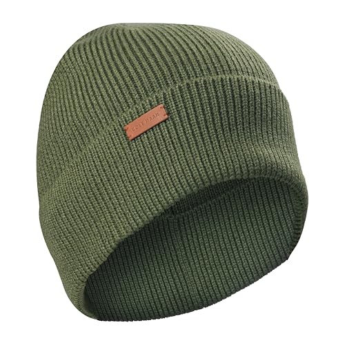 Cole Haan Heritage Rib Cuff Olive Green Beanie Hat for Men, One Size, Warm Knit Wool Beanie with Classic Ribbed Design and Snug Fit