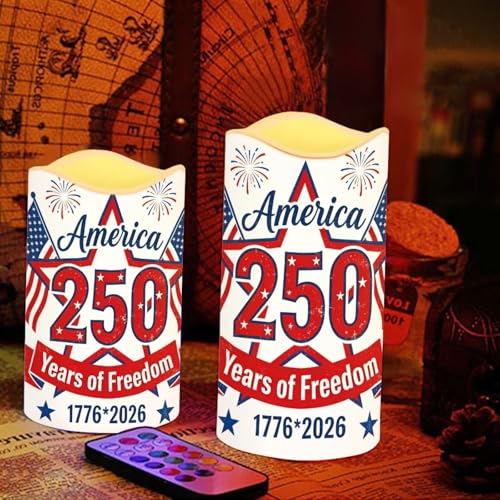 Image of 250th Years of American Freedom Electric Candles Patriotic Red White Blue Flameless Candle Set Star Stripes Battery Operated Fake Candles Independence Day Party Supplies, 4 Pack