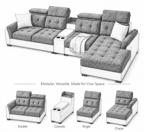Image of Torque Lunix Modular 5 Seater Sofa with Lounger - RHS-Dark Grey | Premium Fabric Sofa Set with Cushion | L-Shaped 5 Seater Corner Sofa for Living Room Furniture