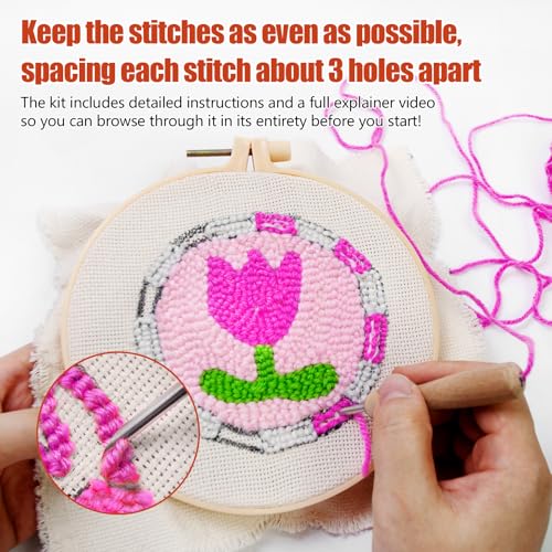 Image of CraftyManor Tulip Punch Needle Kit for Beginners with Pattern, Simple Paint with Yarn Punch Kit, Punch Needle Coaster Kit with Yarn, Needle, Punch Needle, Threader, Embroidery Hoop, Tufting Cloth